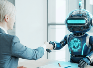 A futuristic robot shaking hands with a businesswoman in an office, symbolizing AI collaboration in business.