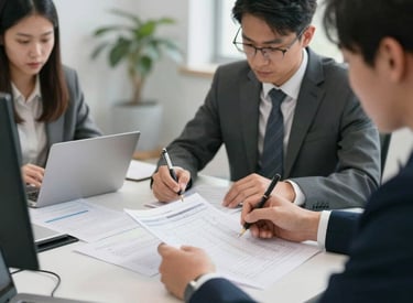 A team of chartered accountants collaborating over financial documents in a modern office.
