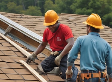 A smiling family-owned roofing team working on a residential roof under a bright blue sky.