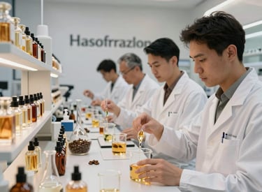 A sleek 3D floating perfume bottle with golden amber highlights against a dark, elegant background.