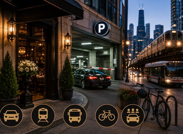 Night city street with luxury restaurant entrance, parking garage, train, bus, and bicycle icons.