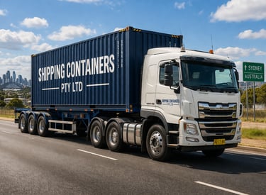 A logistics truck transporting a blue shipping container on a Sydney highway with the city skyline in the background.