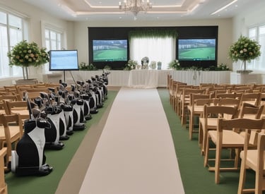 Elegant wedding reception with guests playing on a golf simulator.
