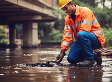 Atención de emergencia por entupimiento 24 horas. Profesional de desentupidora resolviendo una obstr