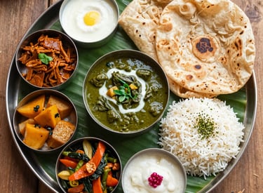 Close-up of a colorful vegetarian tiffin box filled with rice, dal, and vegetable curry.