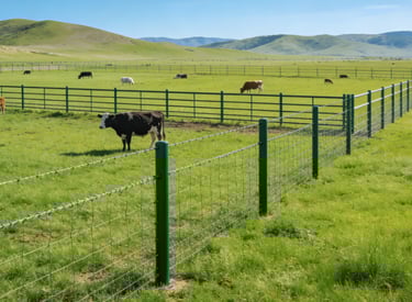 Green pasture fenced with galvanized steel cattle barriers (with barbed wire top), grazing cows visi