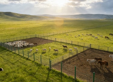  Aerial view of ecological free-range area: dip-coated cattle fences (0.8m low + 1.5m main) zone the