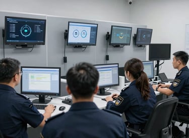 Close-up of hands analyzing certification seals on technical equipment.
