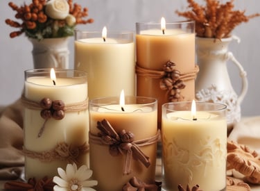 A cozy artisan workshop with candles, warm lighting, and natural materials.