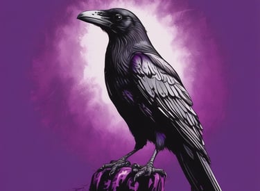 A gothic raven perched on a twisted branch silhouetted against a deep purple and black twilight sky.