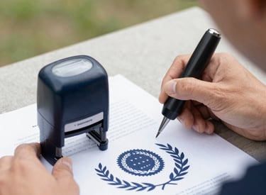A professional mobile notary stamping a document outdoors with a navy blue laurel wreath seal visible.