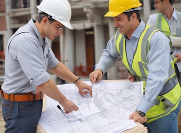 Close-up of hands measuring and planning blueprints on a construction site.