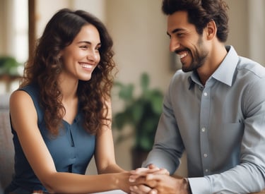 A warm, inviting image of a couple smiling and holding hands during a consultation.