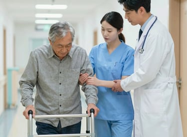 A doctor and nurse helping an elderly man with a cane walk down a hospital hallway near a wheelchair.
