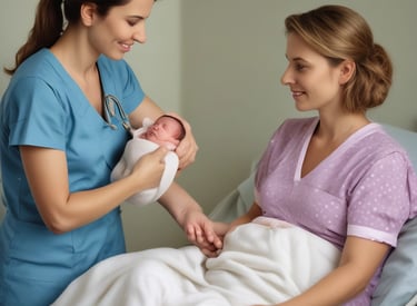 A compassionate nurse assisting a patient with a warm smile in a bright hospital room.