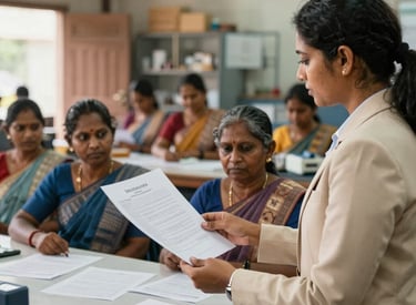 A consultant advising business managers over documents in a bright office setting.