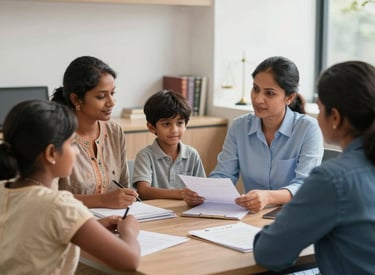 A consultant advising business managers over documents in a bright office setting.
