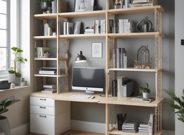 Stylish wooden office desk with shelves and organized workspace.