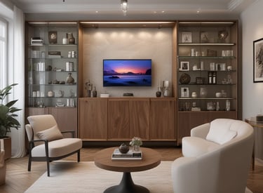 Modern living room shelving unit with decorative items and books.