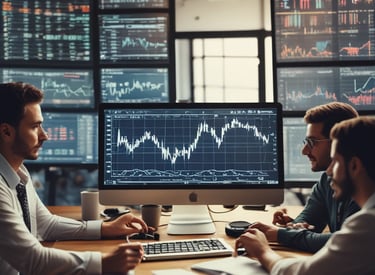 Team members collaborating over multiple monitors filled with crypto data.