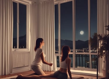 A focused professional stretching and relaxing after a workout in a cozy home setting.