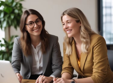 A professional consultant warmly discussing training options with an adult learner in a modern office setting.