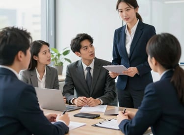 A confident insurance advisor discussing career opportunities with a motivated candidate in a bright office.