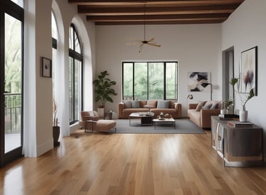 Photo of a skilled builder installing wooden flooring in a modern home interior