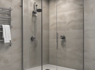 A modern bathroom featuring a clear glass shower screen with chrome fixtures and soft lighting.