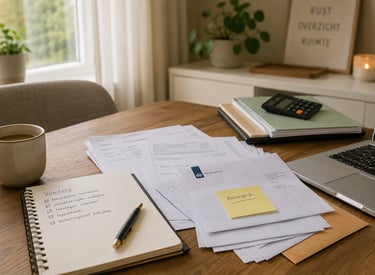Home office desk with Dutch tax documents, a checklist notebook, and a laptop for financial planning.