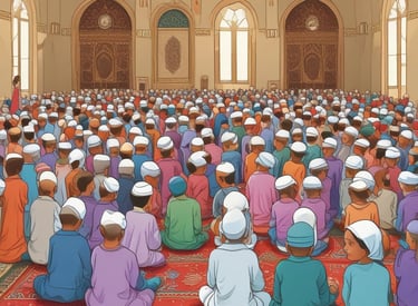 Friendly cartoon showing kids following easy prayer steps with arrows and clear actions in a vibrant setting.