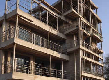 Steel framework of a commercial building under clear daylight