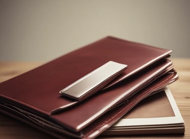 Elegant office setting with legal documents, a golden pen, and a navy blue leather briefcase