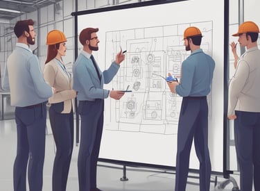 A team collaborating around a digital interface displaying AI-driven manufacturing and coaching analytics.