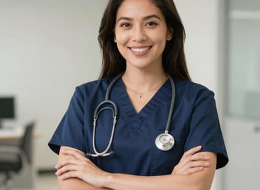 A nurse smiling confidently while reviewing financial charts with a golden lighthouse in the background.