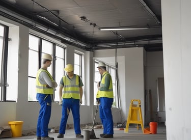 A skilled technician repairing a commercial building facade on a sunny day.