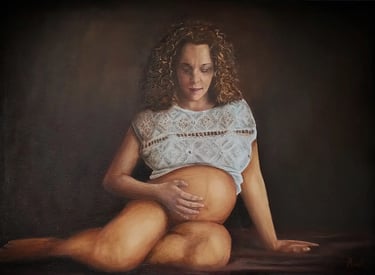 Professional oil portrait of a pregnant woman on canvas by Axel Atelier fine art studio.