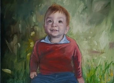 Vibrant oil on canvas portrait of a young boy wearing a red shirt, featuring expressive brushwork an