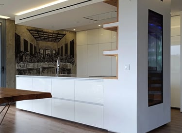 Large scale charcoal mural of The Last Supper by Axel Atelier, integrated into a minimalist luxury k