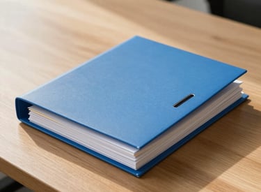 Photography of a professional blue document folder and a set of organized files resting on a clean wooden table in a North American business setting. Minimalist style with natural morning light.