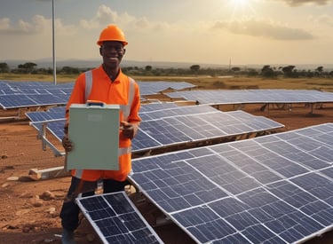 Technicians installing solar panels on a rooftop with desert landscape in the background.