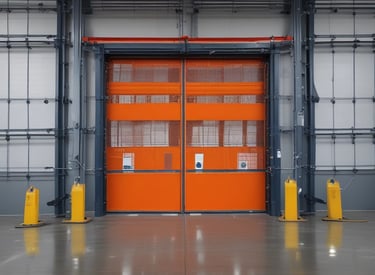 Photo of bright orange guard rails installed along a warehouse aisle protecting pallet racks.