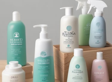 A cozy home scene featuring eco-friendly cleaning sprays, detergents, and fresh linen sprays with subtle blue tones in the background.