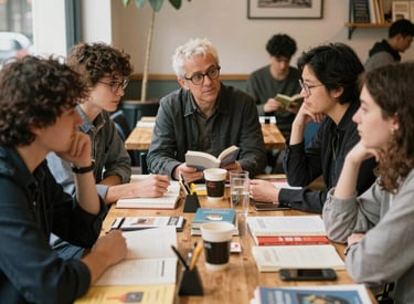 Participants engaged in a creative writing workshop, pens and notebooks in hand, surrounded by inspiring books.