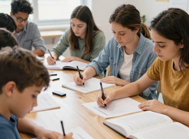 Participants engaged in a creative writing workshop, pens and notebooks in hand, surrounded by inspiring books.