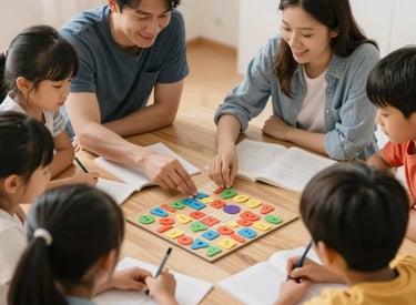 A lively group reading a theatrical story with expressive gestures in a cozy room.