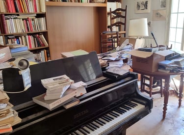 Débarras Lepeltier - Un piano noir élégant placé dans une pièce lumineuse avec des murs clairs et un sol en bois.