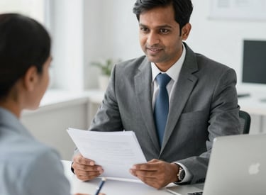 A professional insurance adjuster discussing documents with a client in a bright office setting.