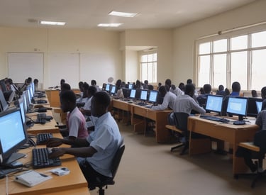An instructor guiding students in a computer lab at the N'Djamena Institute of Technology.