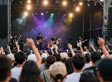 Crowd enjoying a lively outdoor rock concert under colorful stage lights at sunset.